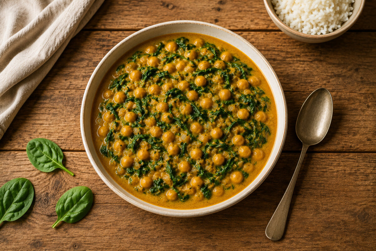 Fertiges Kichererbsen-Spinat-Curry aus deutlich höherer Perspektive mit Reis und Löffel als dezente Servierelemente.