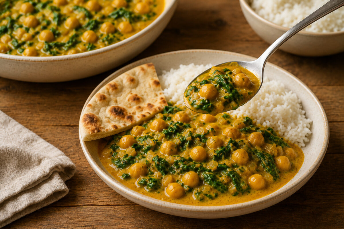 Servierszene mit Kichererbsen-Spinat-Curry, Reis, Fladenbrot und einem Löffel mit Curry im Vordergrund.