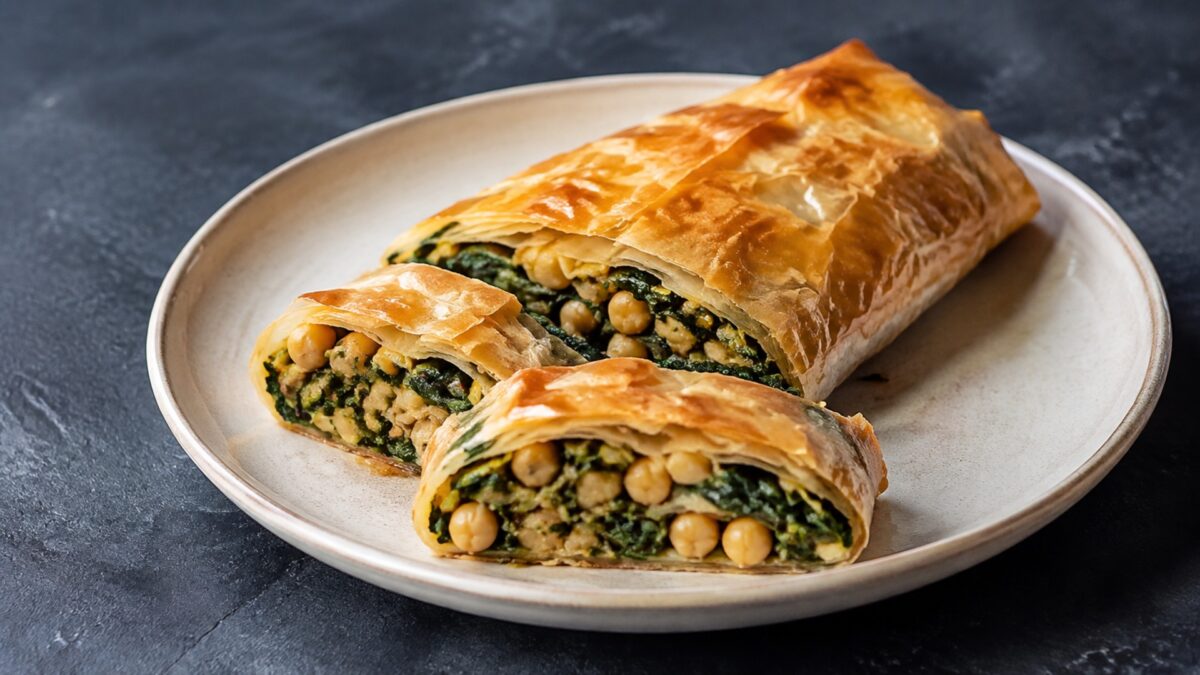 Hauptansicht des fertigen Gerichts. Rezept: Kichererbsen-Spinat-Strudel