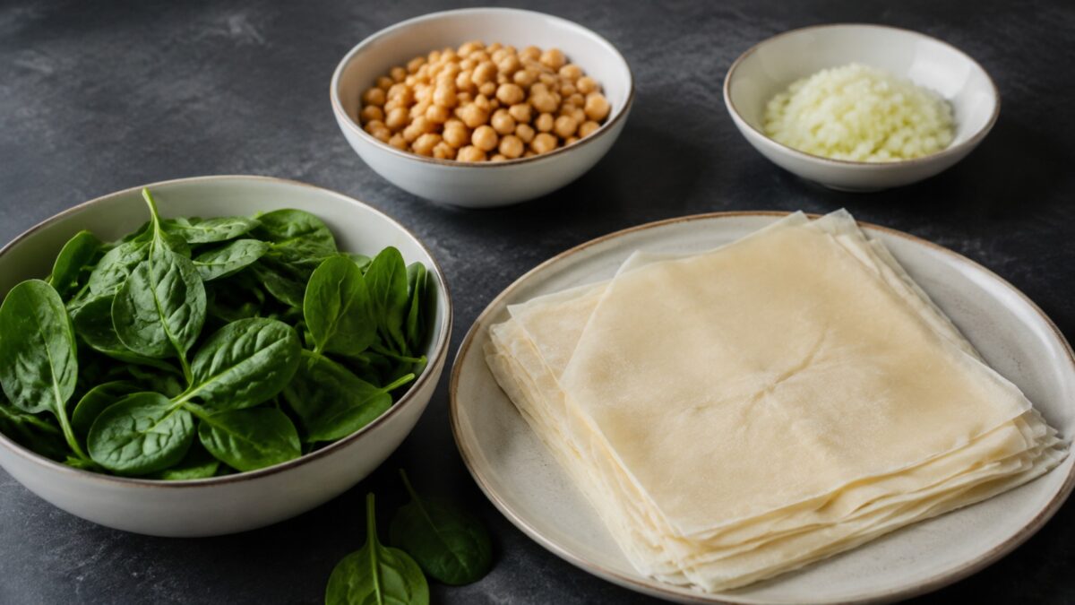 Zutaten- und Vorbereitungsansicht. Rezept: Kichererbsen-Spinat-Strudel