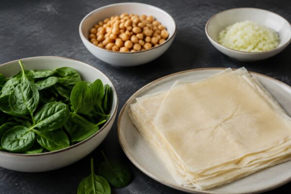Zutaten- und Vorbereitungsansicht. Rezept: Kichererbsen-Spinat-Strudel