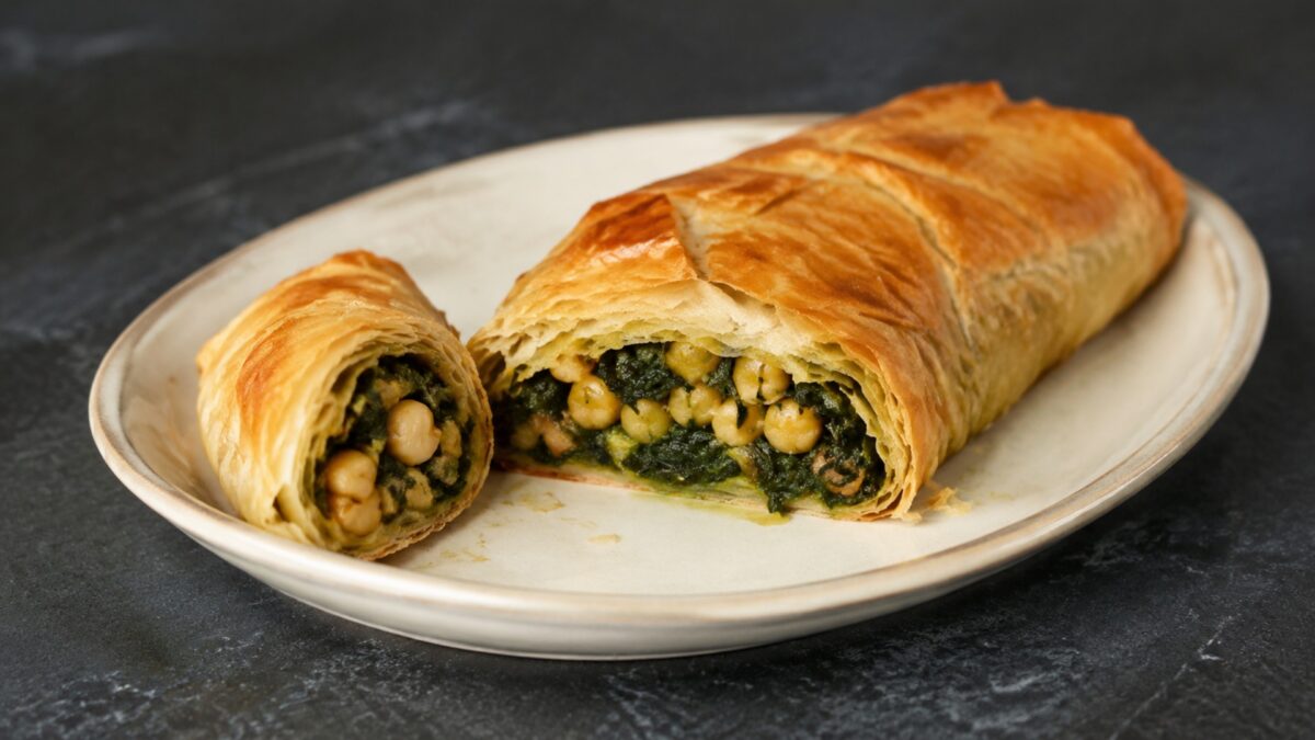 Fertiges Gericht aus alternativer Perspektive. Rezept: Kichererbsen-Spinat-Strudel