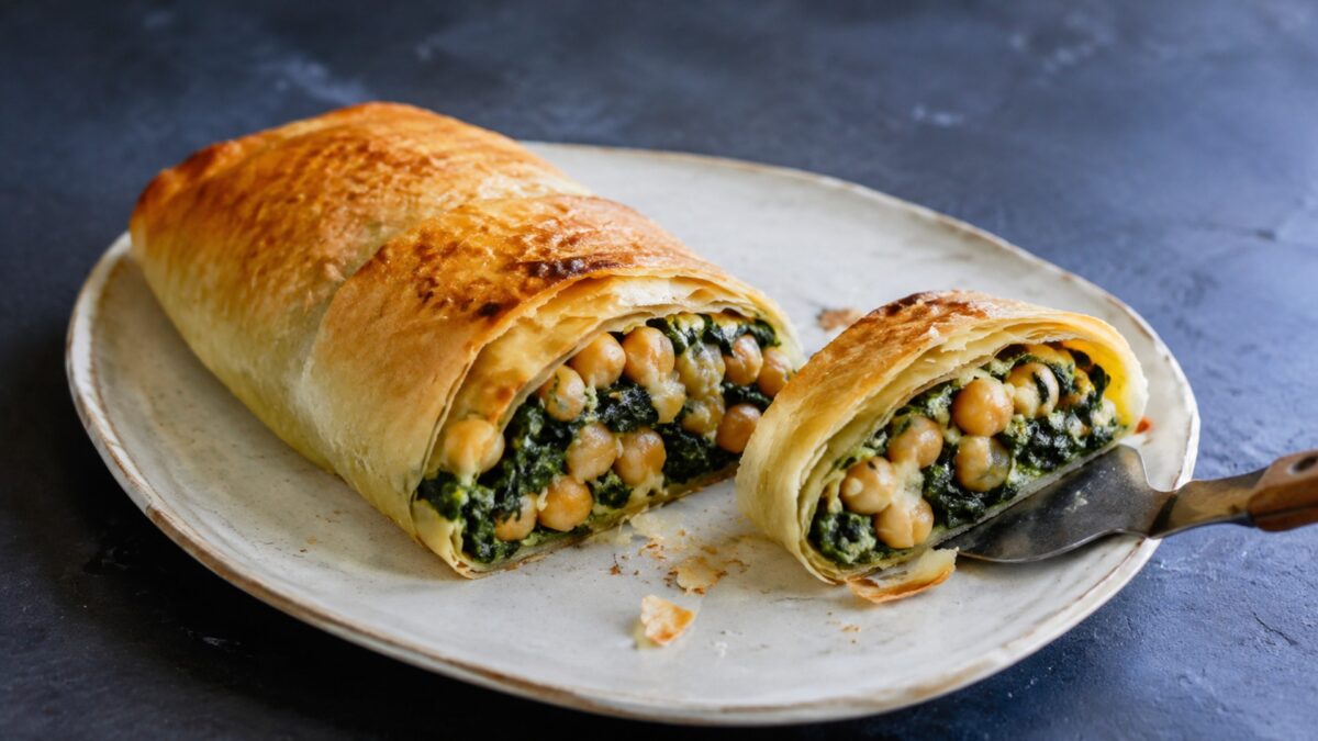 Servierszene mit dem fertigen Gericht. Rezept: Kichererbsen-Spinat-Strudel