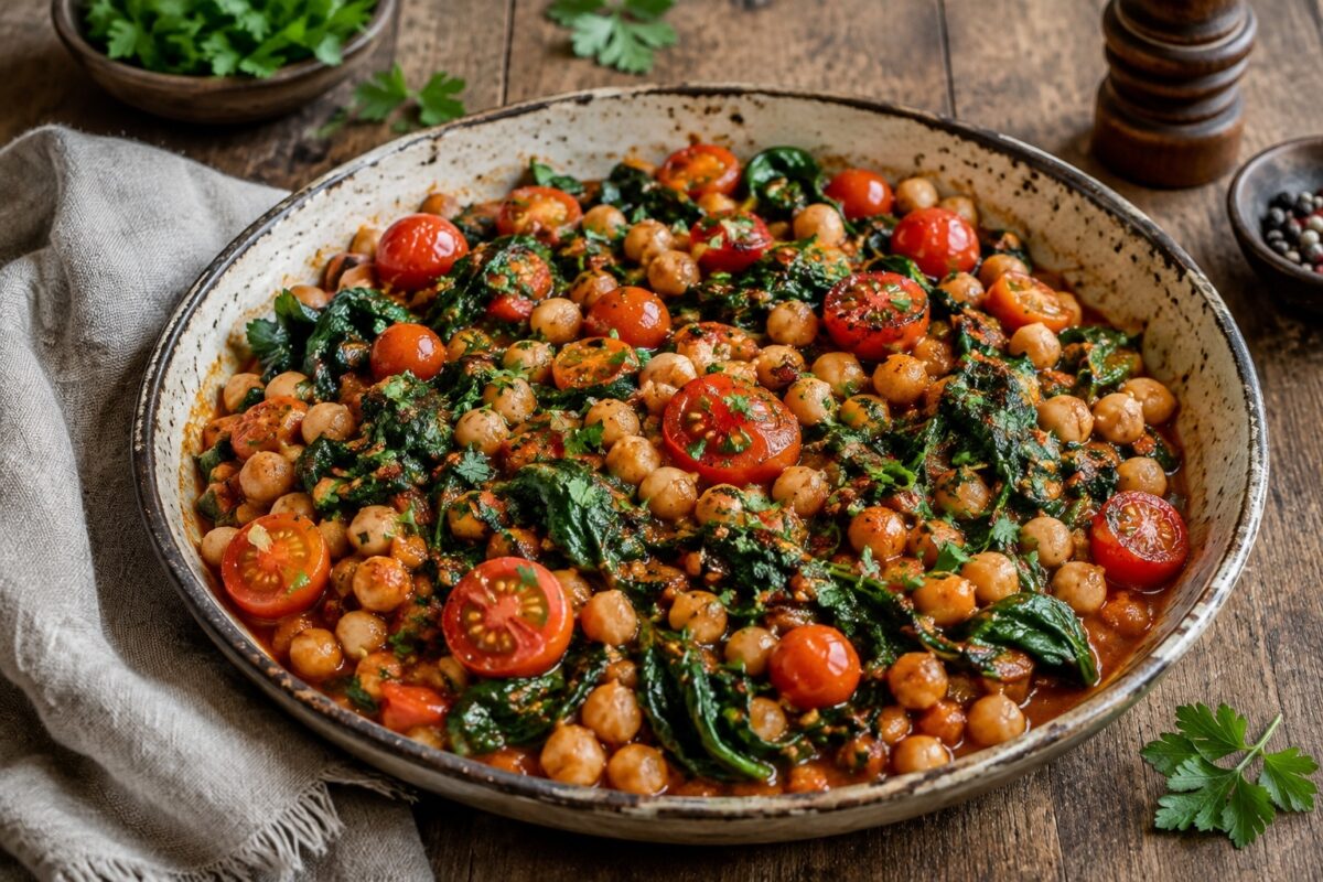 Würzige Kichererbsenpfanne mit Blattspinat, roten Tomaten und Kräutern in flacher rustikaler Schale.