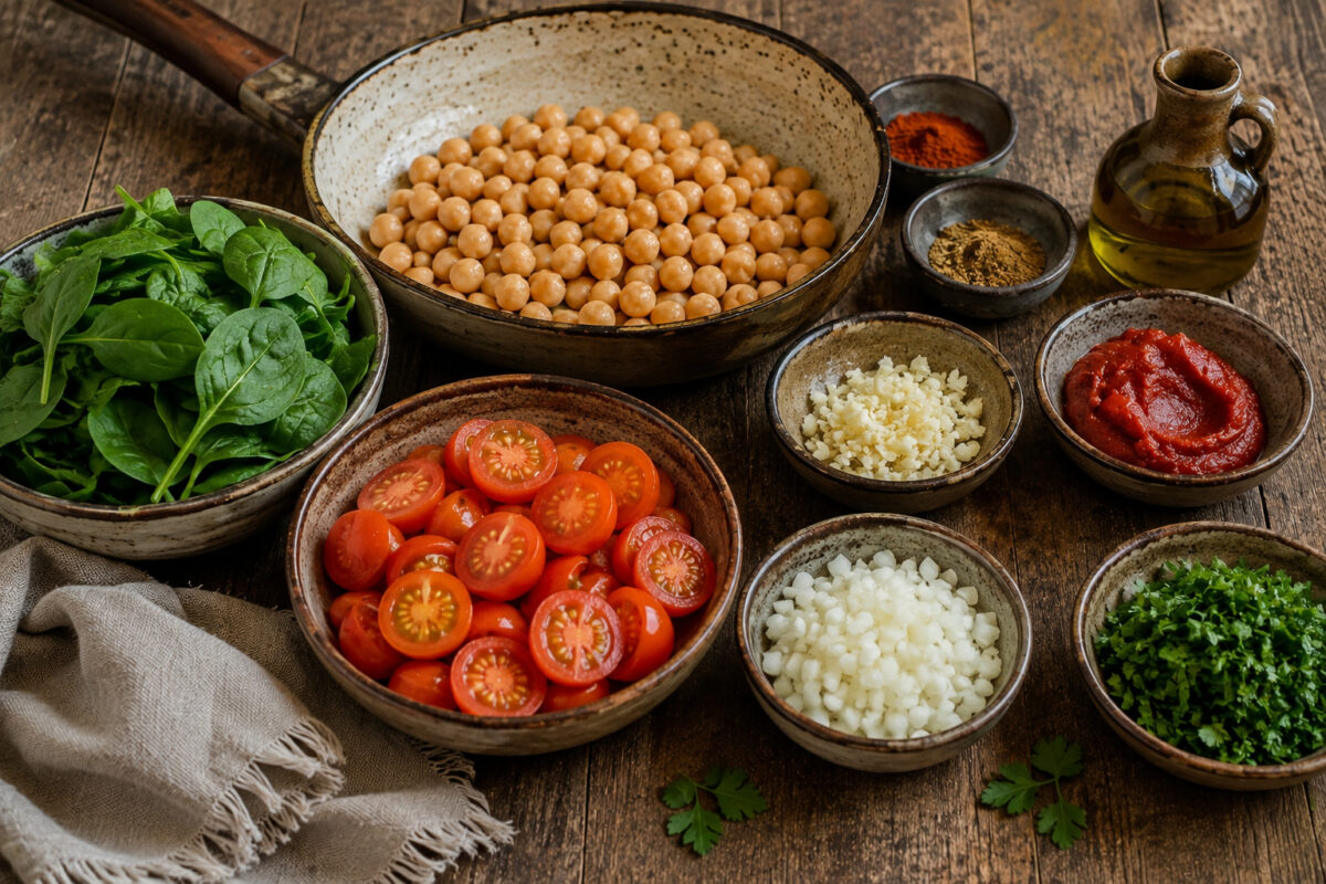 Zutaten- und Vorbereitungsansicht mit Kichererbsen, frischem Spinat, halbierten Kirschtomaten, Zwiebel, Knoblauch, Tomatenmark, Petersilie, Olivenöl und Gewürzen im rustikalen Serienlook.