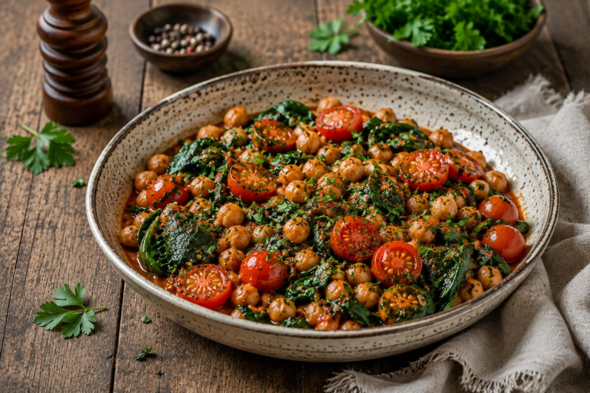 Fertige Kichererbsenpfanne mit Spinat und Tomaten aus einer deutlich alternativen Perspektive in derselben rustikalen Keramik- und Lichtwelt.