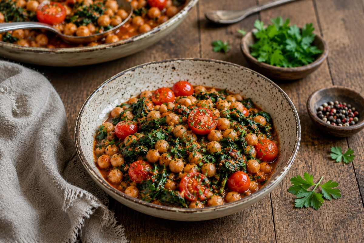 Servierszene mit portionierter Kichererbsenpfanne im Vordergrund und Hauptschale im Hintergrund; Fokus auf Kichererbsen, Spinat, Tomaten und Kräutertextur.