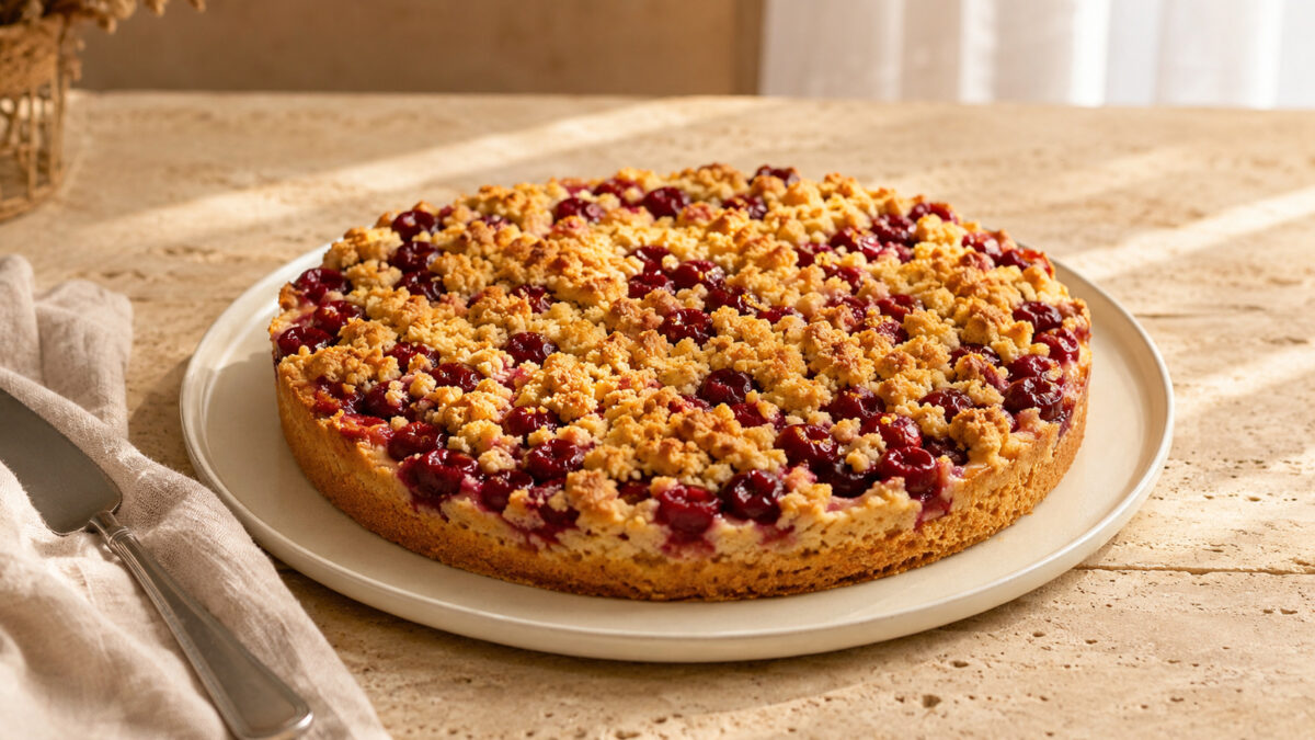 Hauptansicht des fertigen Gerichts. Rezept: Kirsch-Streuselkuchen