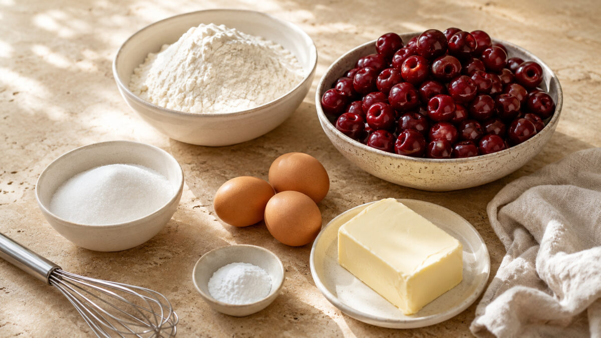 Zutaten- und Vorbereitungsansicht. Rezept: Kirsch-Streuselkuchen