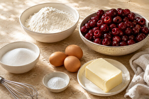 Zutaten- und Vorbereitungsansicht. Rezept: Kirsch-Streuselkuchen