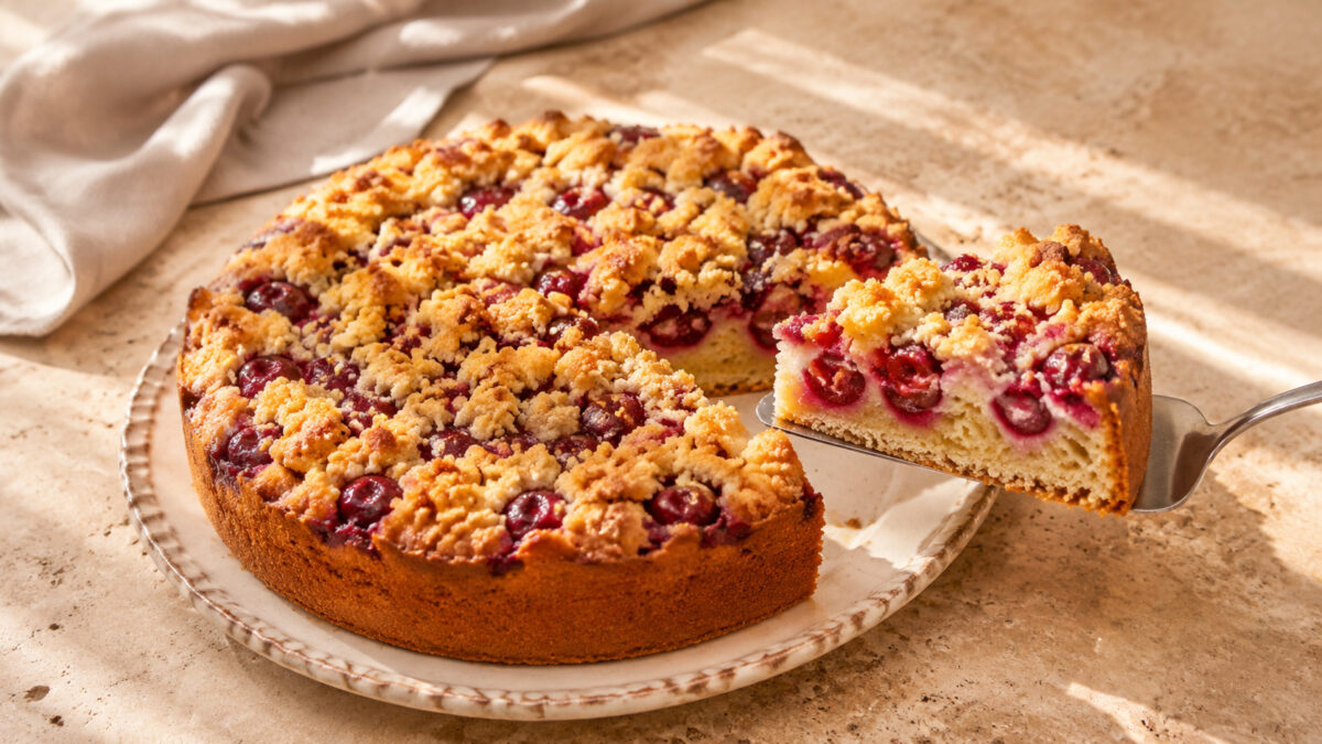 Servierszene mit dem fertigen Gericht. Rezept: Kirsch-Streuselkuchen