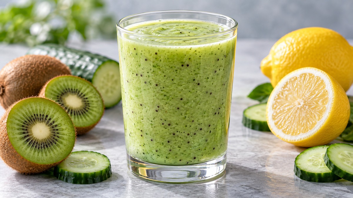 Kiwi-Gurken-Smoothie: Fertiges Getränk als zentrales Hauptmotiv.