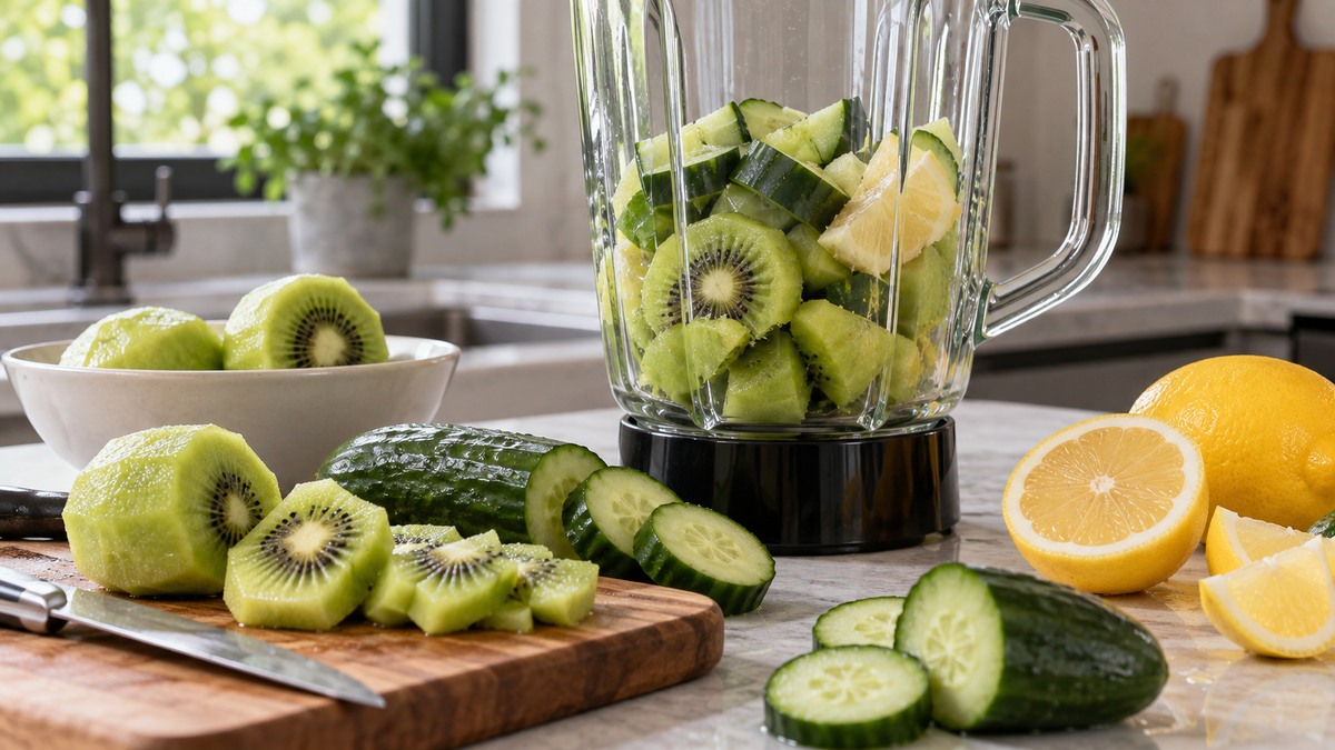 Kiwi-Gurken-Smoothie: Verwendete Zutaten und nachvollziehbare Vorbereitung.