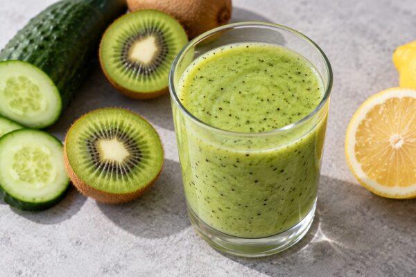 Kiwi-Gurken-Smoothie: Fertiges Getränk aus einer alternativen Perspektive.