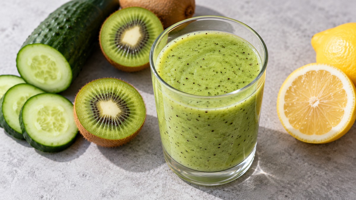 Kiwi-Gurken-Smoothie: Fertiges Getränk aus einer alternativen Perspektive.