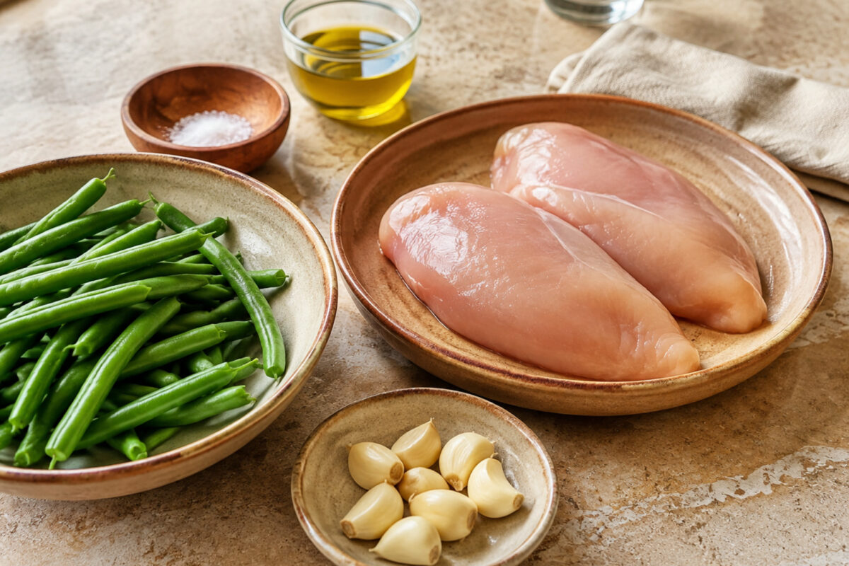 Zutaten- und Vorbereitungsansicht. Rezept: Knoblauch-Hähnchen mit grünen Bohnen