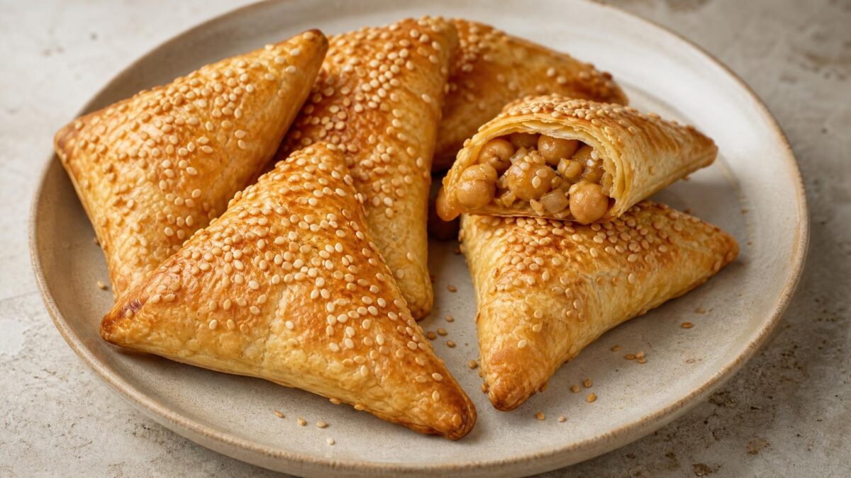 Hauptansicht des fertigen Gerichts. Rezept: Knusprige Sesam-Kichererbsen-Taschen