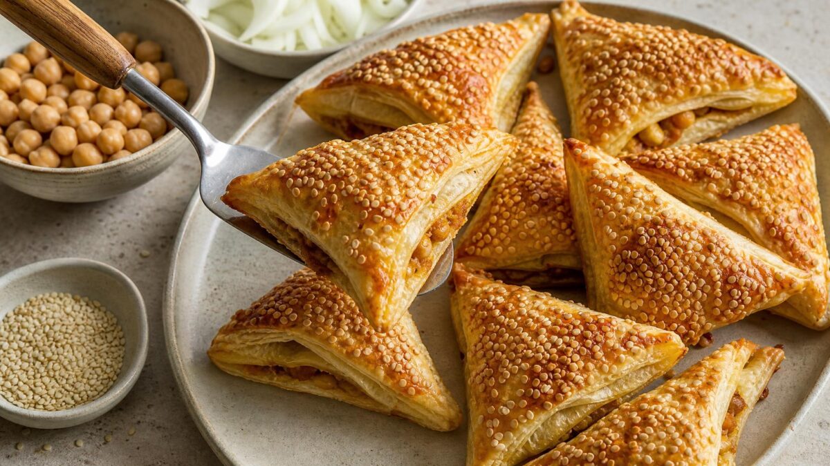 Servierszene mit dem fertigen Gericht. Rezept: Knusprige Sesam-Kichererbsen-Taschen