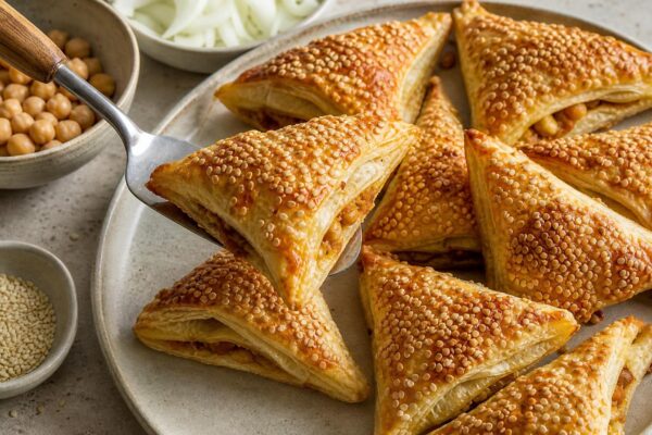 Servierszene mit dem fertigen Gericht. Rezept: Knusprige Sesam-Kichererbsen-Taschen