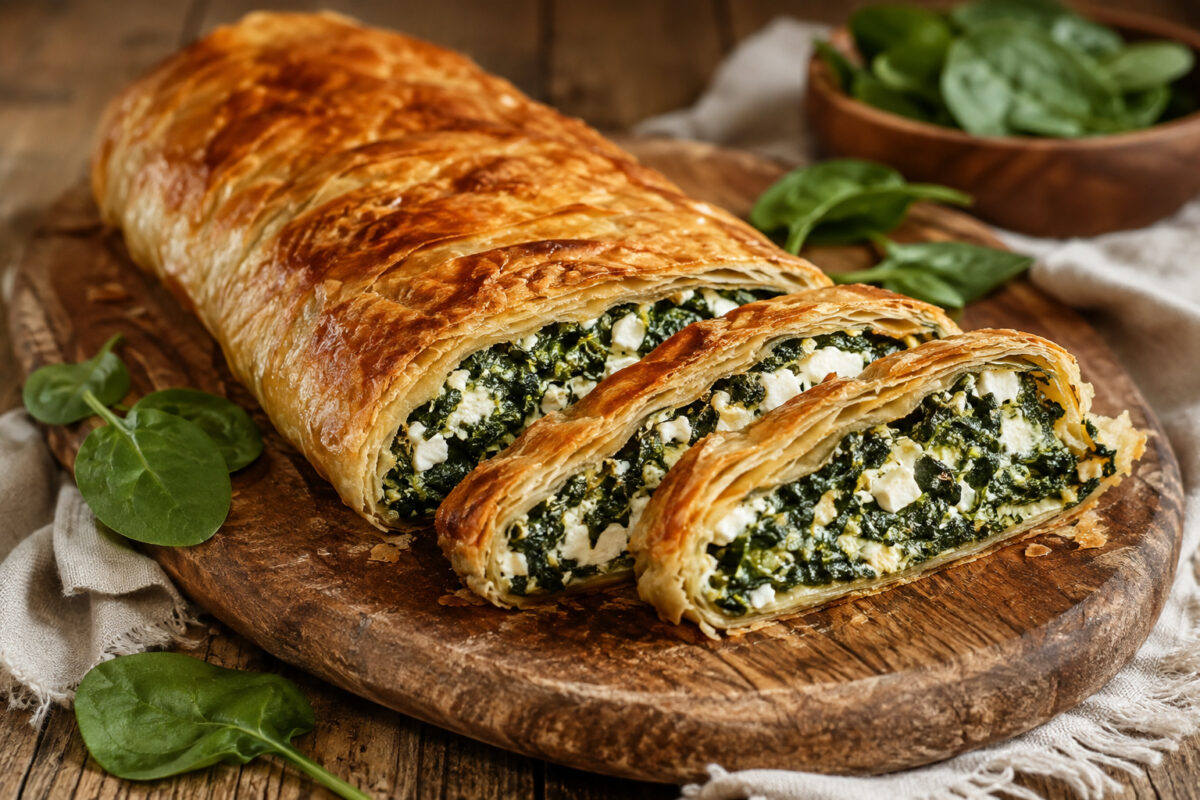 Fertiger goldbrauner Spinat-Käse-Strudel auf rustikalem Holzbrett, mit angeschnittenen Scheiben und klar sichtbarer grüner Spinat-Käse-Füllung.