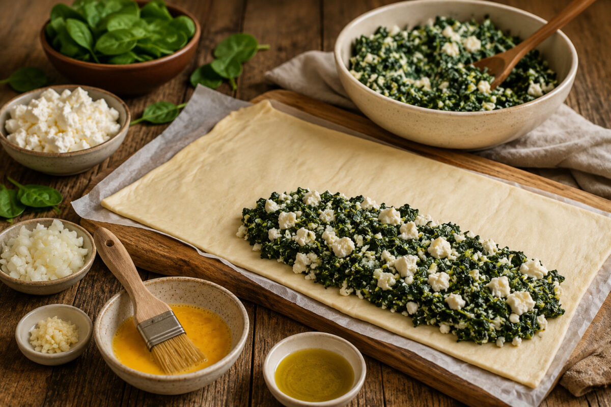 Zutaten-/Vorbereitungsansicht mit ausgerolltem Teig, Spinat-Käse-Füllung, Spinat, Käse, Zwiebel, Knoblauch, Ei und Olivenöl.