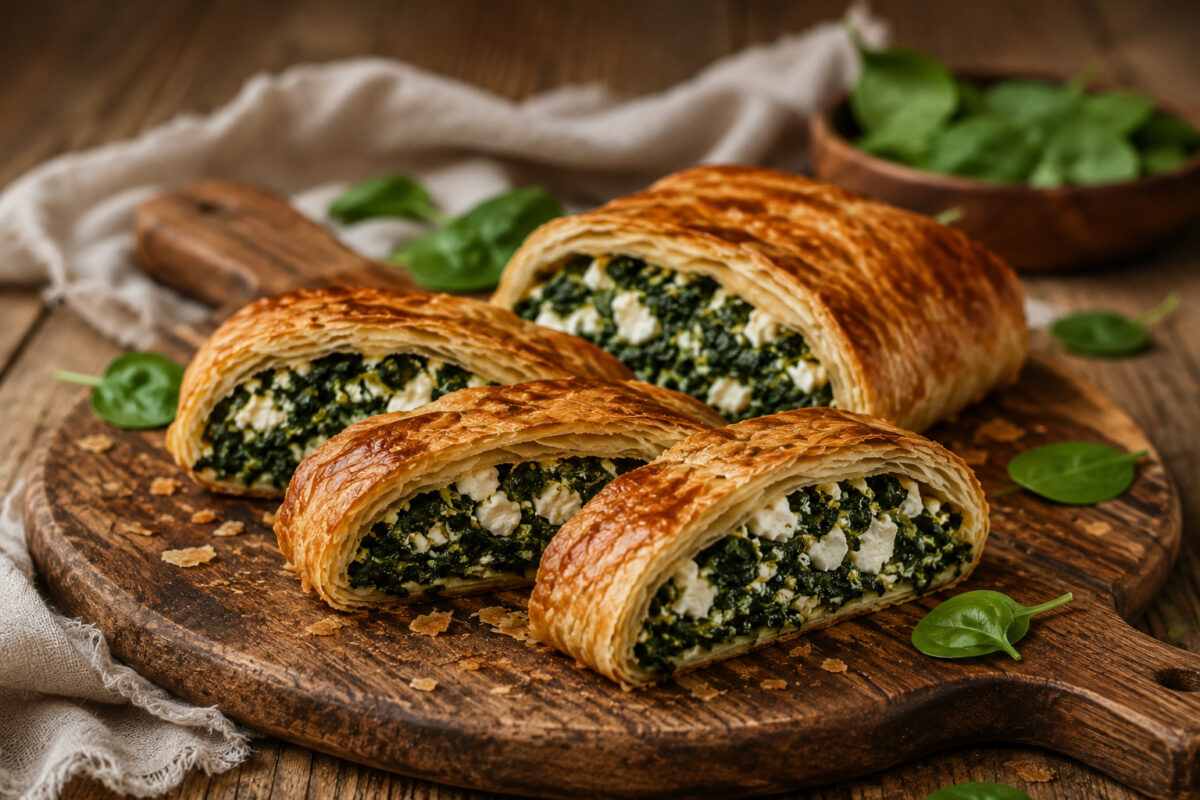 Fertiger Spinat-Käse-Strudel aus deutlich anderer Perspektive, in mehreren kräftigen Scheiben auf rustikalem Holzbrett angerichtet.