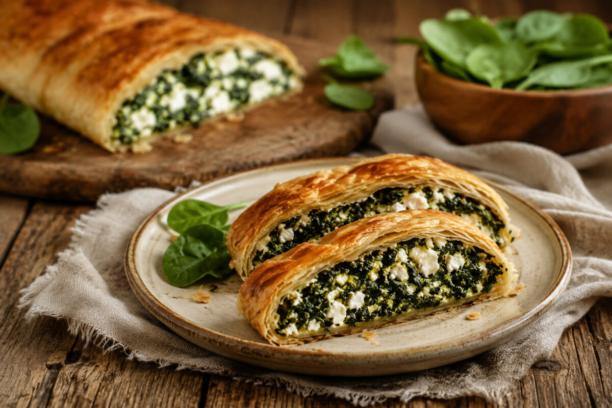 Servierszene mit zwei Strudelscheiben auf hellem Keramikteller; restlicher Strudel weich im Hintergrund, gleiche Licht- und Materialwelt.