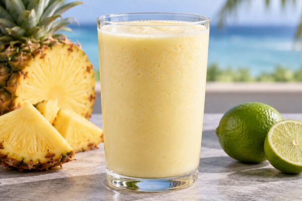 Kokos-Ananas-Drink: Fertiges Getränk als zentrales Hauptmotiv.