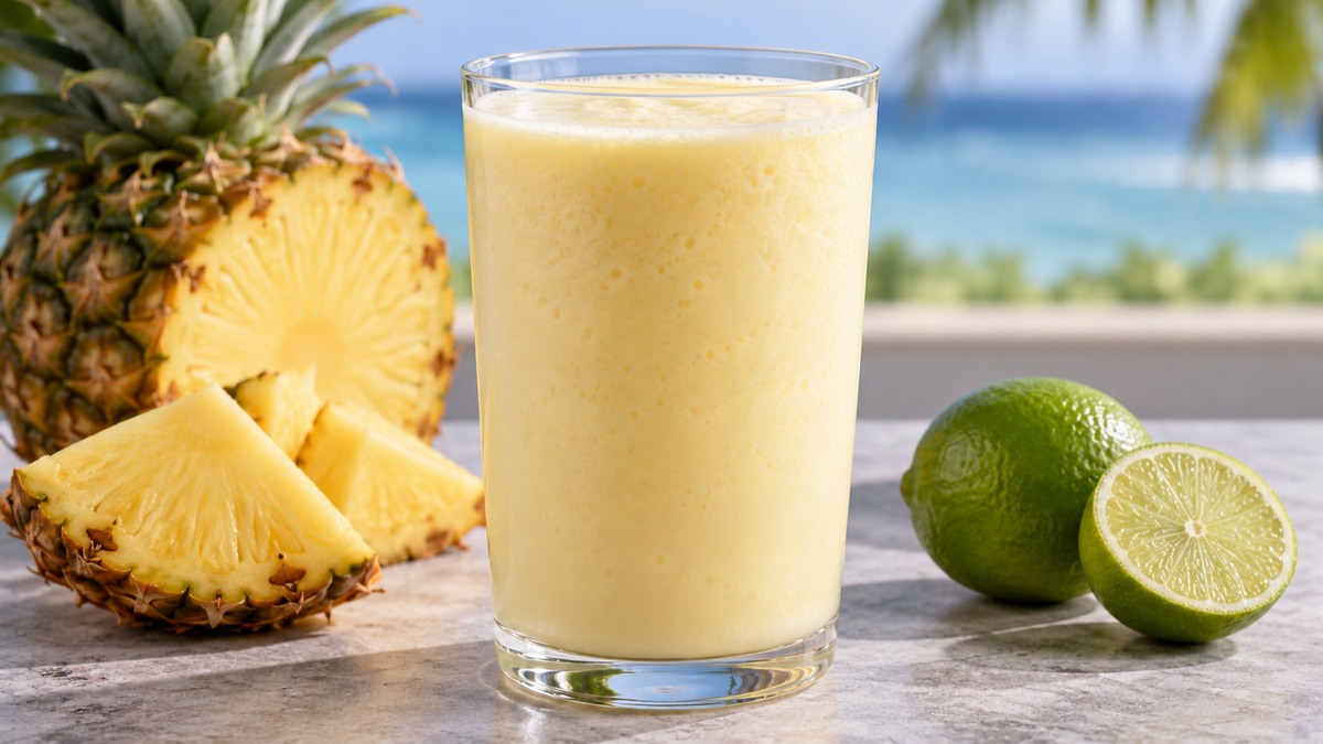 Kokos-Ananas-Drink: Fertiges Getränk als zentrales Hauptmotiv.
