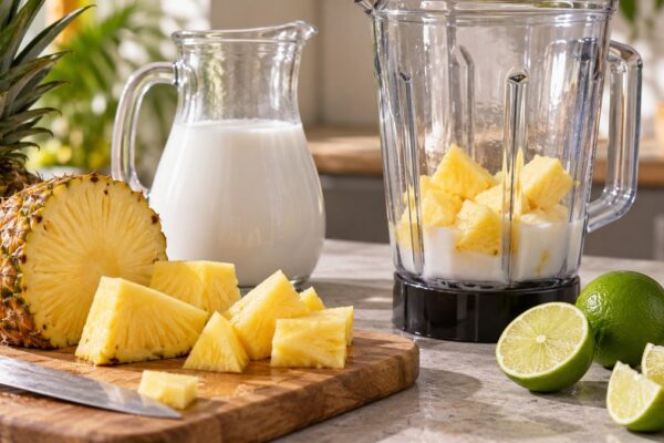 Kokos-Ananas-Drink: Verwendete Zutaten und nachvollziehbare Vorbereitung.
