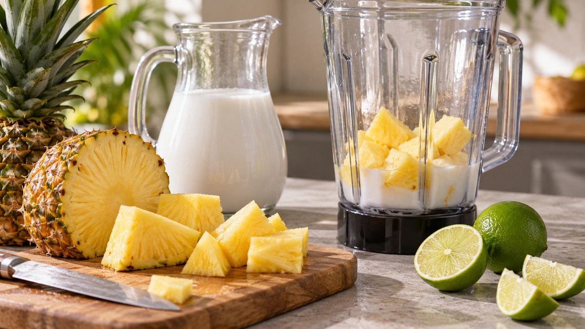 Kokos-Ananas-Drink: Verwendete Zutaten und nachvollziehbare Vorbereitung.
