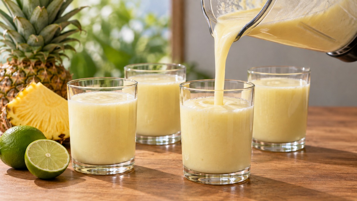 Kokos-Ananas-Drink: Alternative Anrichtung oder aktive Servierszene.