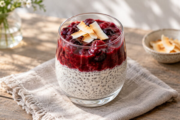 Kokos-Chia-Creme mit Beerenkompott: Fertiges Gericht als zentrales Hauptmotiv.