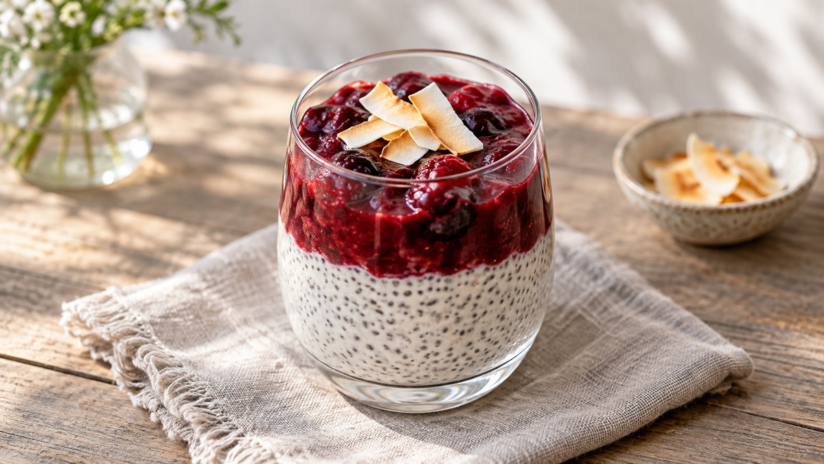 Kokos-Chia-Creme mit Beerenkompott: Fertiges Gericht als zentrales Hauptmotiv.