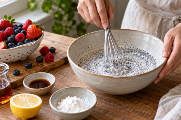 Kokos-Chia-Creme mit Beerenkompott: Verwendete Zutaten und nachvollziehbare Vorbereitung.