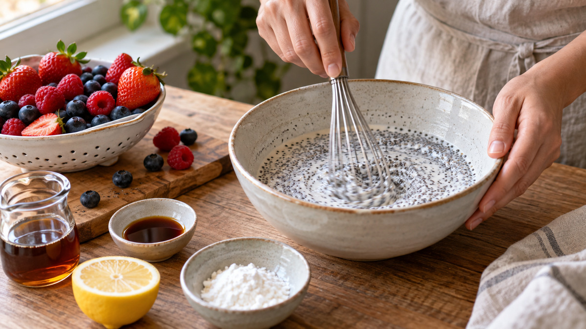 Kokos-Chia-Creme mit Beerenkompott: Verwendete Zutaten und nachvollziehbare Vorbereitung.
