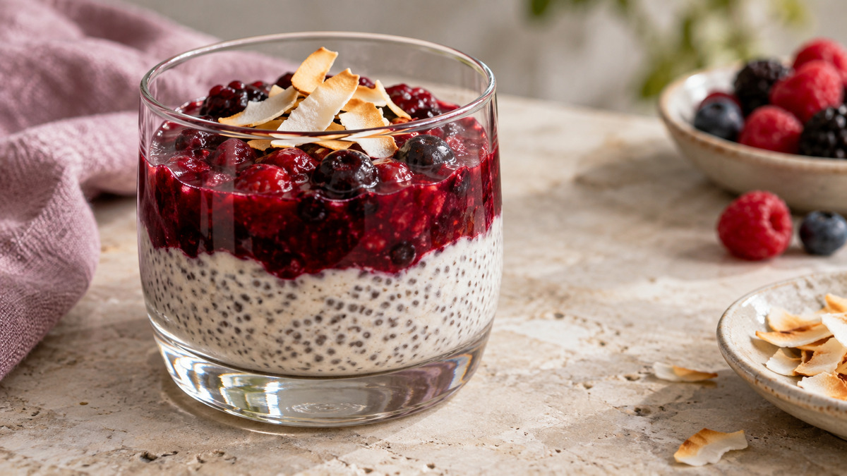 Kokos-Chia-Creme mit Beerenkompott: Fertiges Gericht aus einer alternativen Perspektive.