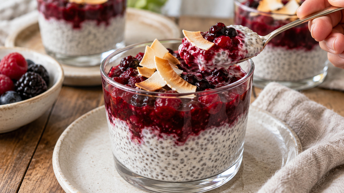 Kokos-Chia-Creme mit Beerenkompott: Alternative Anrichtung oder aktive Servierszene.