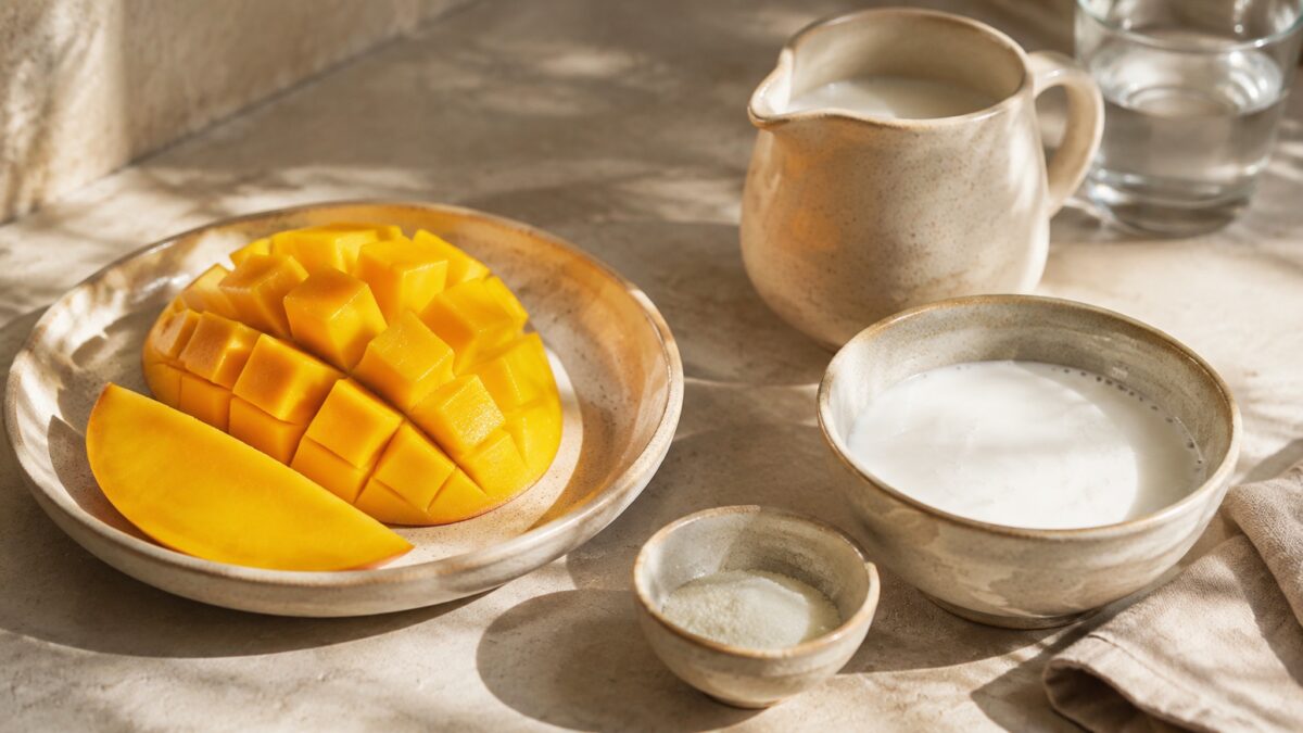 Zutaten- und Vorbereitungsansicht. Rezept: Kokos-Panna-Cotta mit Mango