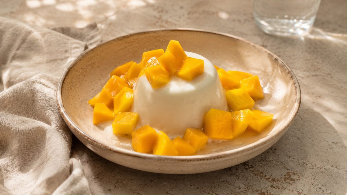 Fertiges Gericht aus einer alternativen Perspektive. Rezept: Kokos-Panna-Cotta mit Mango