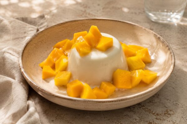 Fertiges Gericht aus einer alternativen Perspektive. Rezept: Kokos-Panna-Cotta mit Mango