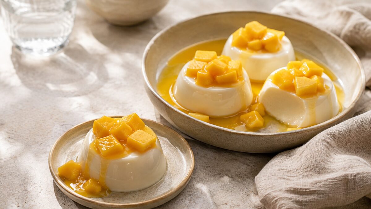 Servierszene mit dem fertigen Gericht. Rezept: Kokos-Panna-Cotta mit Mango