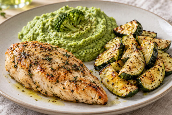 Kräuter-Hähnchenbrust mit Brokkolicreme und Ofenzucchini