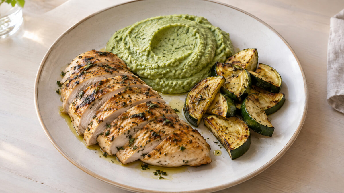 Kräuter-Hähnchenbrust mit Brokkolicreme und Ofenzucchini