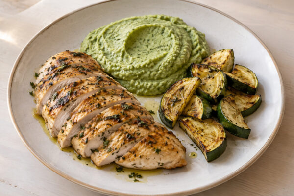 Kräuter-Hähnchenbrust mit Brokkolicreme und Ofenzucchini