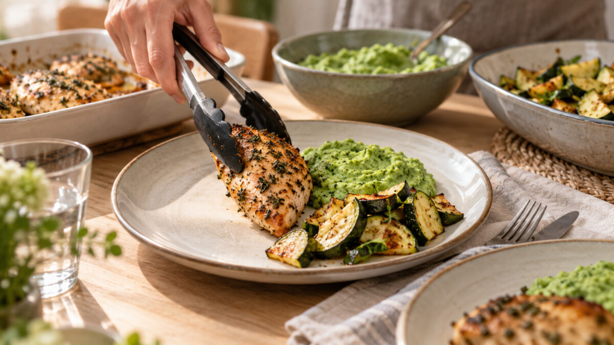 Kräuter-Hähnchenbrust mit Brokkolicreme und Ofenzucchini