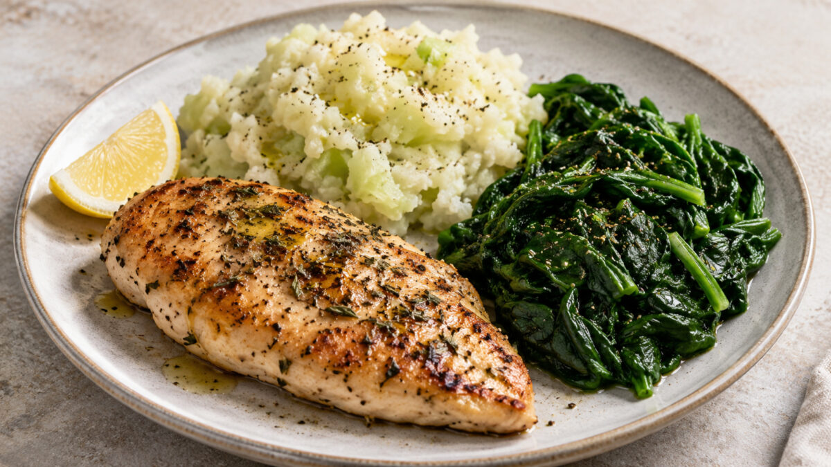 Kräuter-Hähnchenbrust mit Kohlrabistampf und Blattspinat