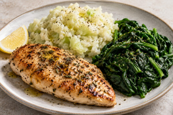 Kräuter-Hähnchenbrust mit Kohlrabistampf und Blattspinat