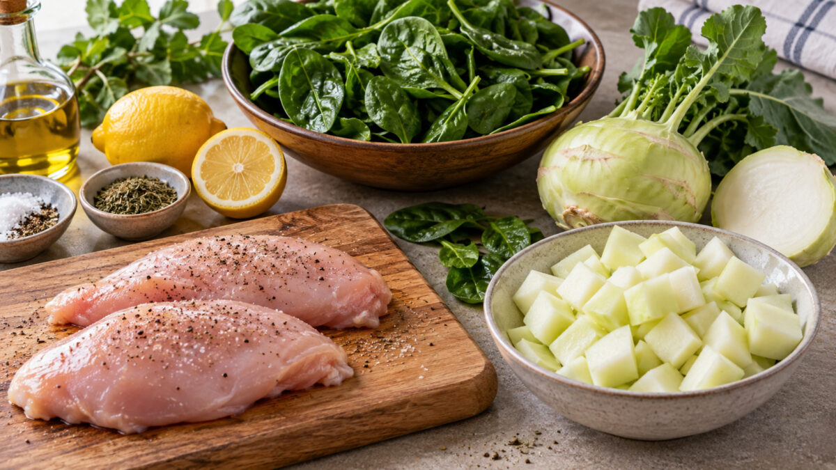 Kräuter-Hähnchenbrust mit Kohlrabistampf und Blattspinat