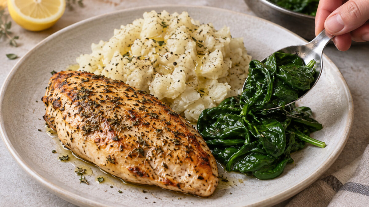 Kräuter-Hähnchenbrust mit Kohlrabistampf und Blattspinat